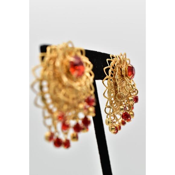 Vintage Dangle Clip On Earrings Coral Rhinestone Crystal Chandelier 1980s BinW - Picture 5 of 12
